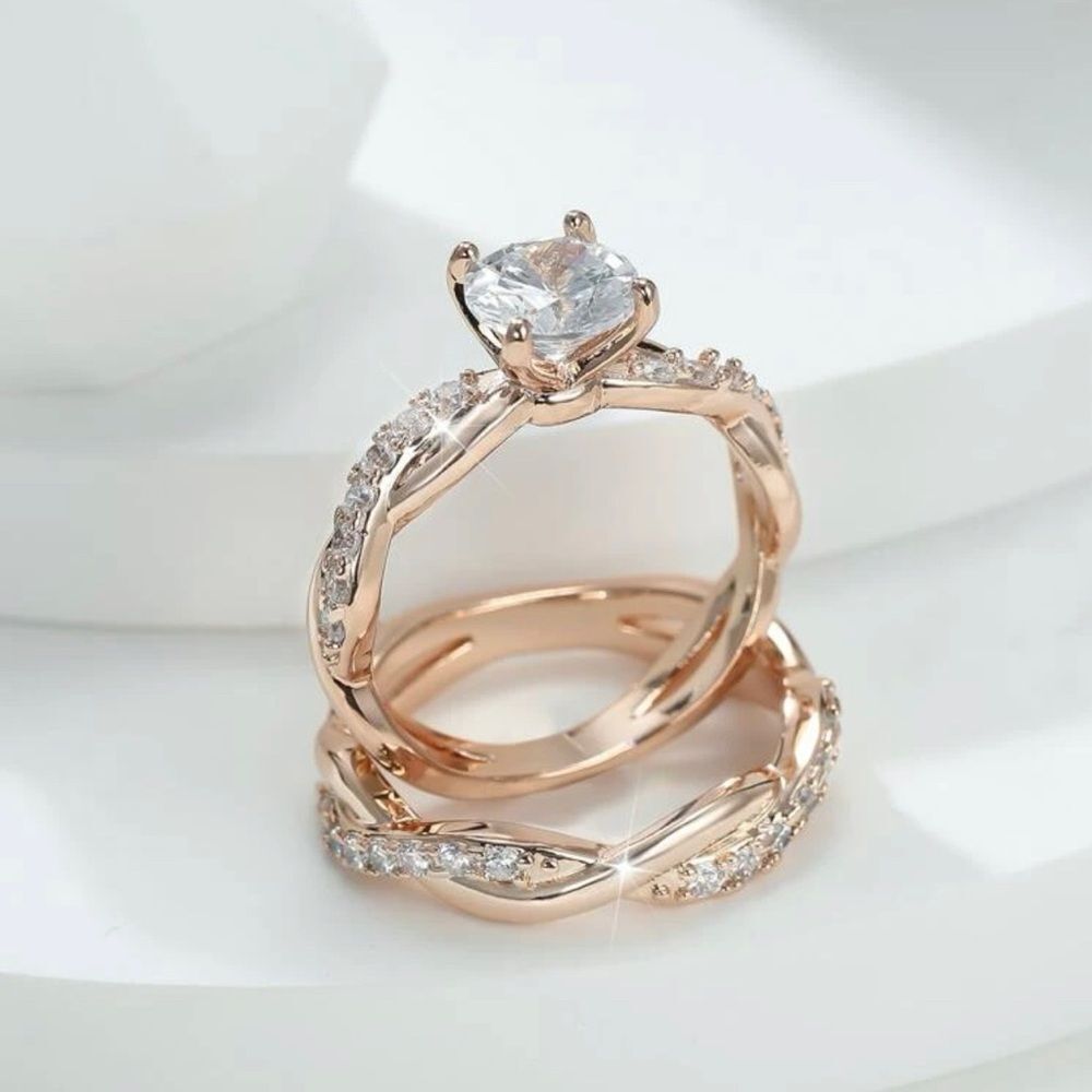 💍 Travel Bridal Set | Round Center, Braided Micro Pavé Bands